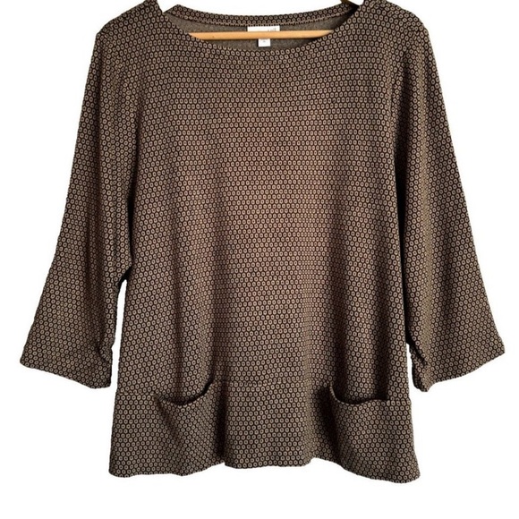 J Jill Ponte Knit Top Women’s XL 3/4 Sleeve Pocket Brown Black Geometric Boxy - Picture 2 of 10
